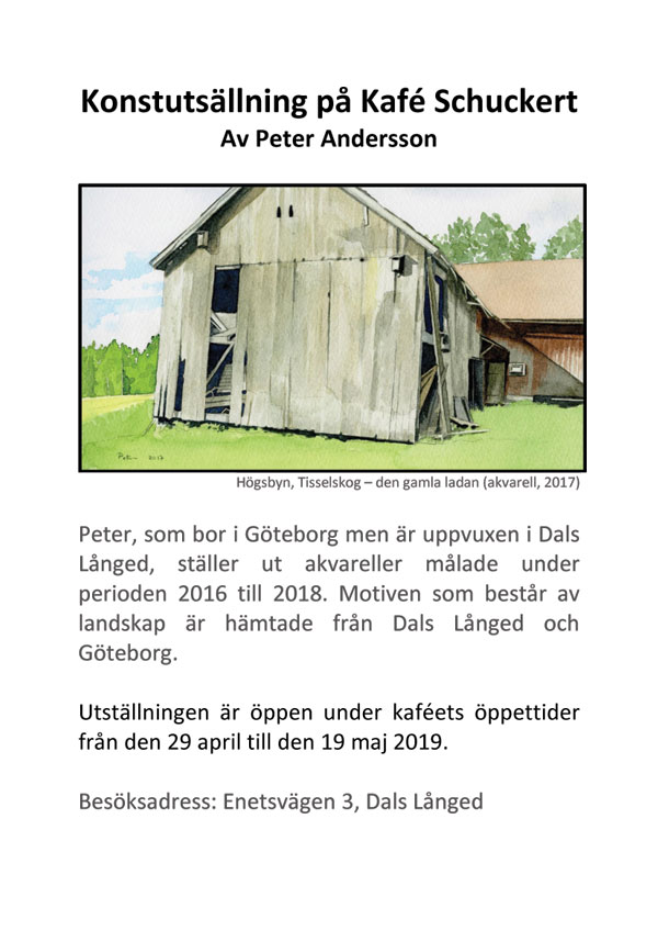 Konstutsllning p Kaf Schuckert av Peter Andersson
Utstllningen r ppen under kafets ppettider frn den 29 april till den 19 maj 2019